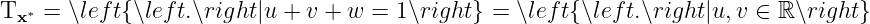 T  ∗ = ∖left{∖left.∖right|u + v + w = 1∖right} =  ∖lef t{∖left.∖right |u, v ∈ ℝ∖right}
  x
